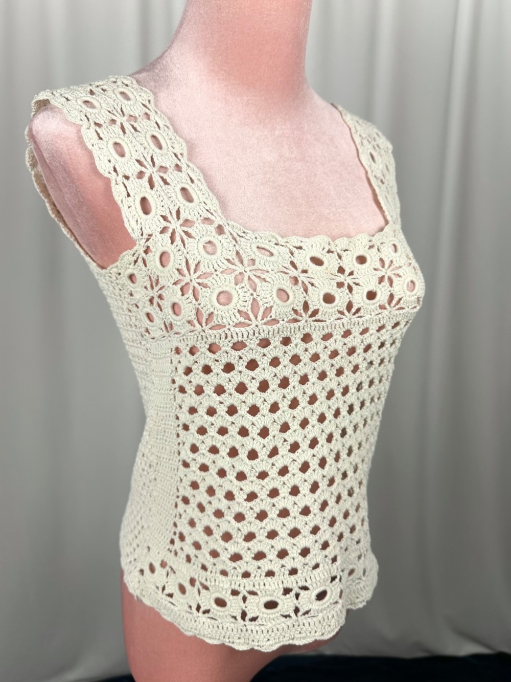 Vintage Handmade Cream Crochet Tank Top Boho Festival Cottagecore XS - Picture 14 of 16